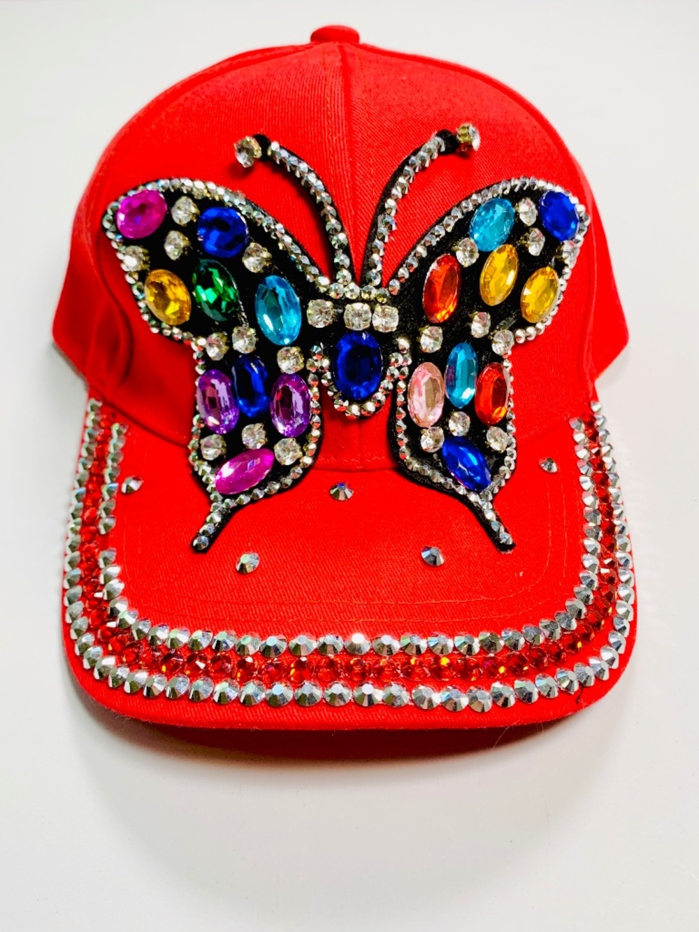 VITALIA  Bling Baseball Hat Vibrant Red Large Rhinestone Butterfly Blue Green